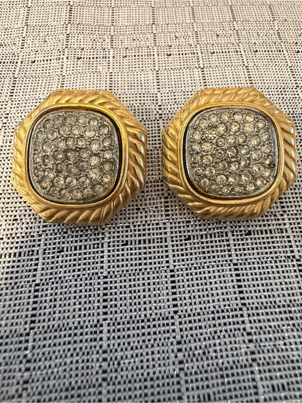 Vintage Signed Craft Crystal Pave Statement Clip-On Earrings